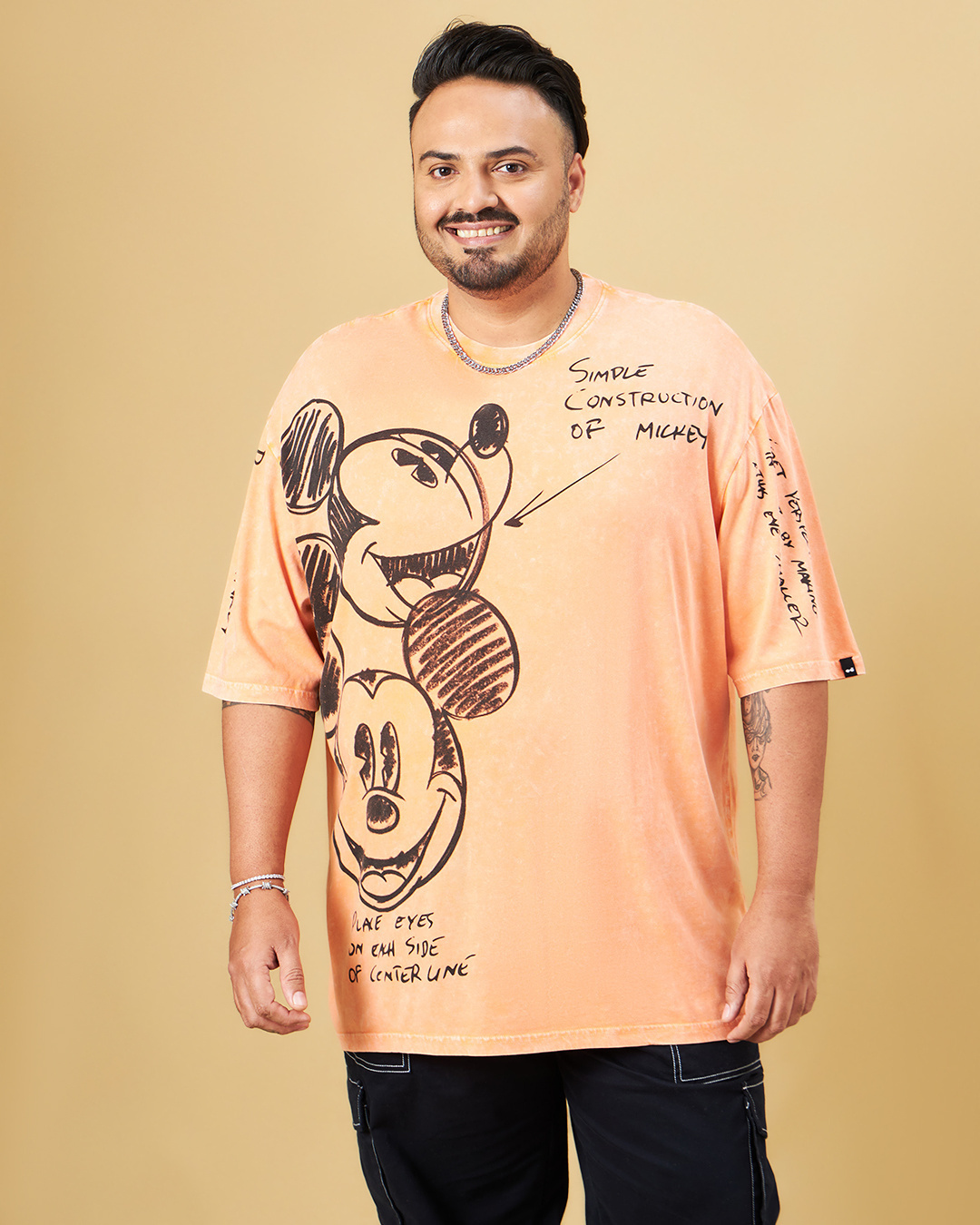 Shop Men's Orange Mickey Smiling Graphic Printed Oversized Plus Size Acid Wash T-shirt-Back