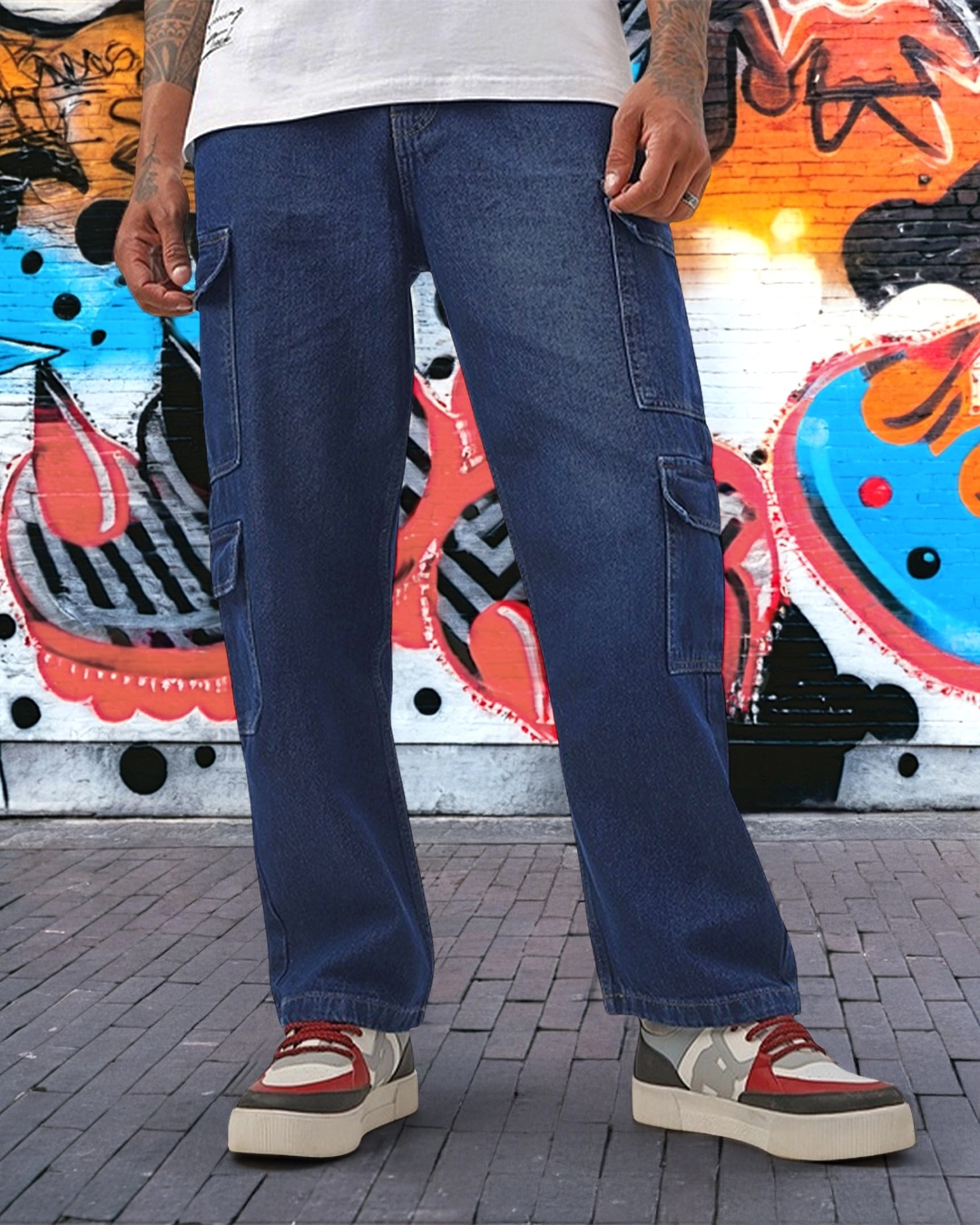 Men Blue Washed Front Zipper Baggy Jeans