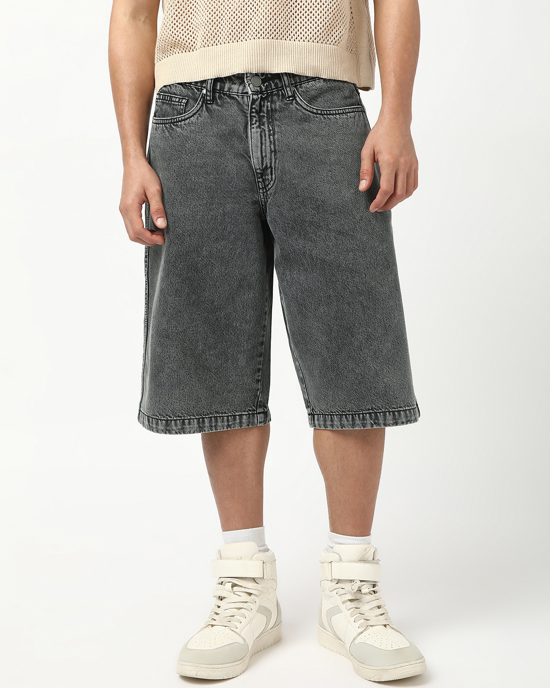 Shop Men's Mid Grey Washed Straight Fit Shorts-Back