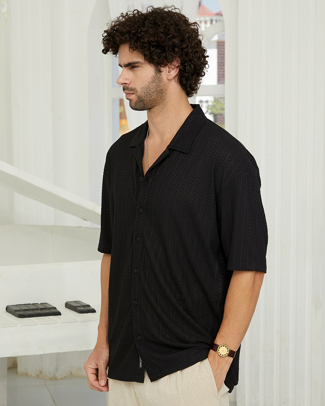 Shop Men's Midnight Black Textured Oversized Shirt-Back