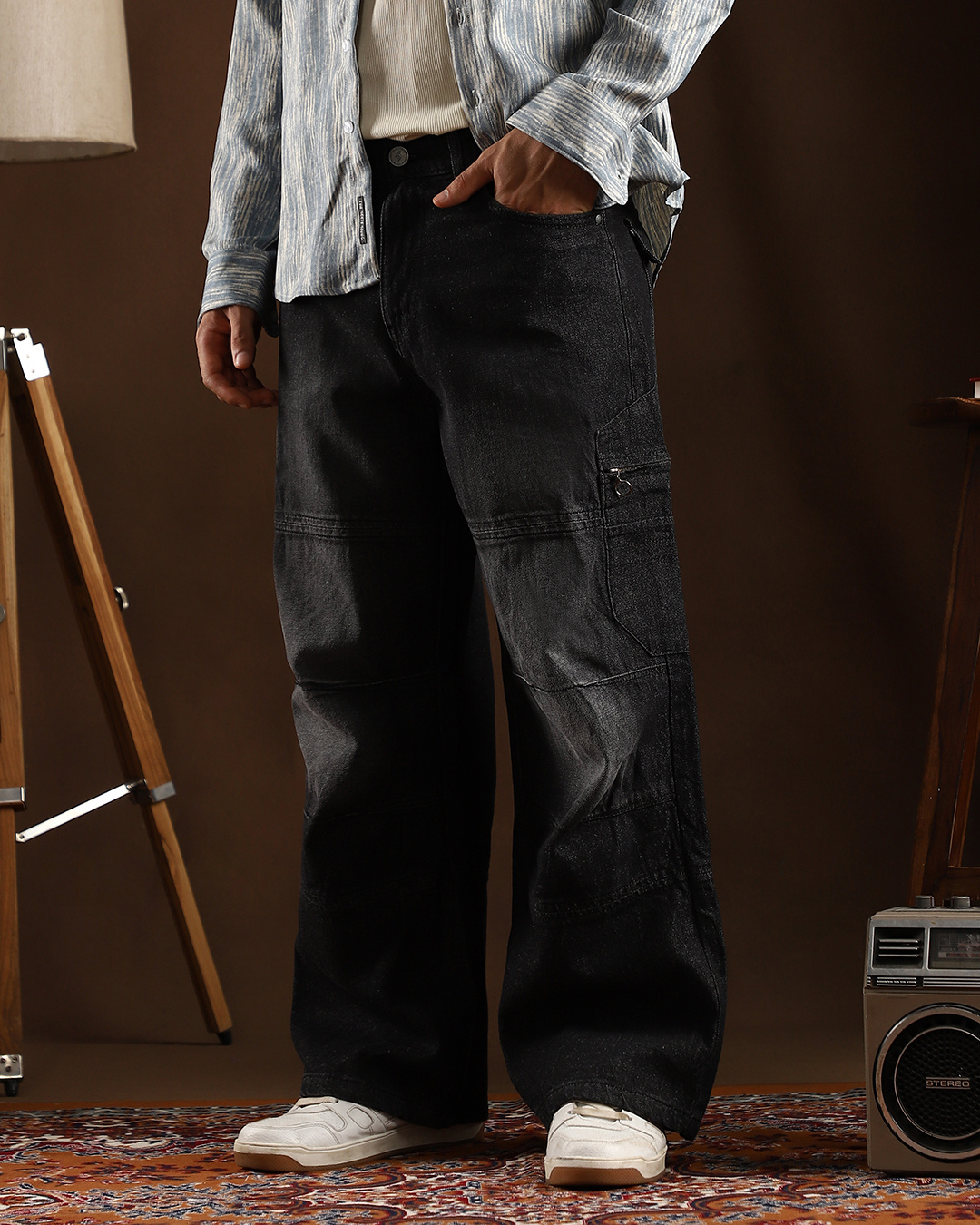 Shop Men's Midnight Black Washed Straight Fit Cargo Carpenter Jeans-Back