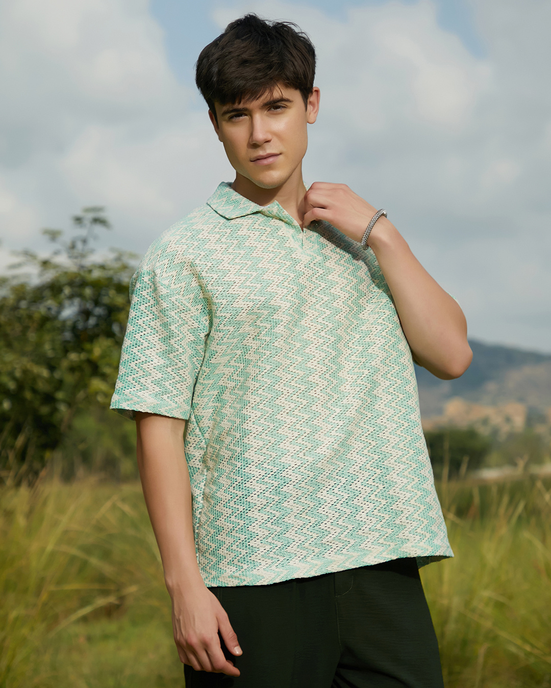 Shop Men's Mint Green Textured Loose Fit Polo T-shirt-Back