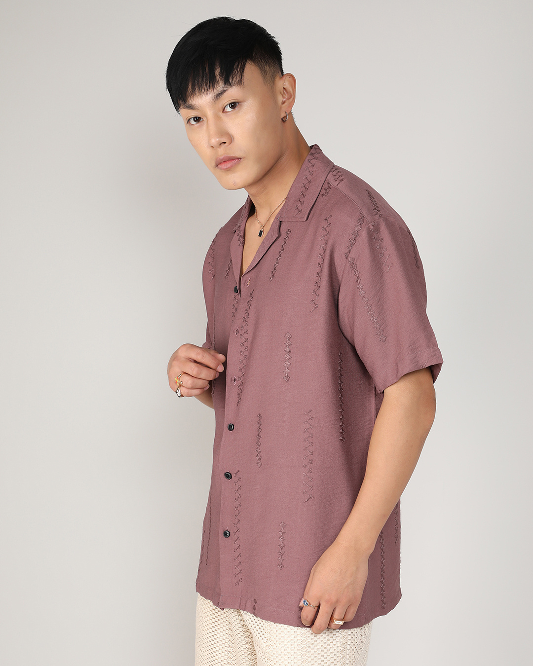 Shop Men's Mocha Brown Embroidered Relaxed Fit Shirt-Back