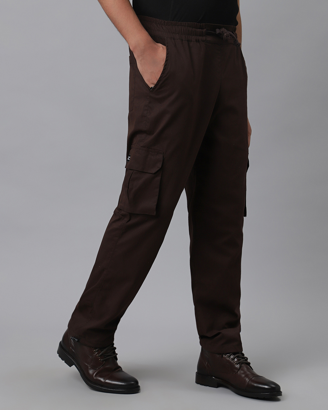 Shop Men's Mocha Brown Loose Comfort Fit Cargo Parachute Pants-Back