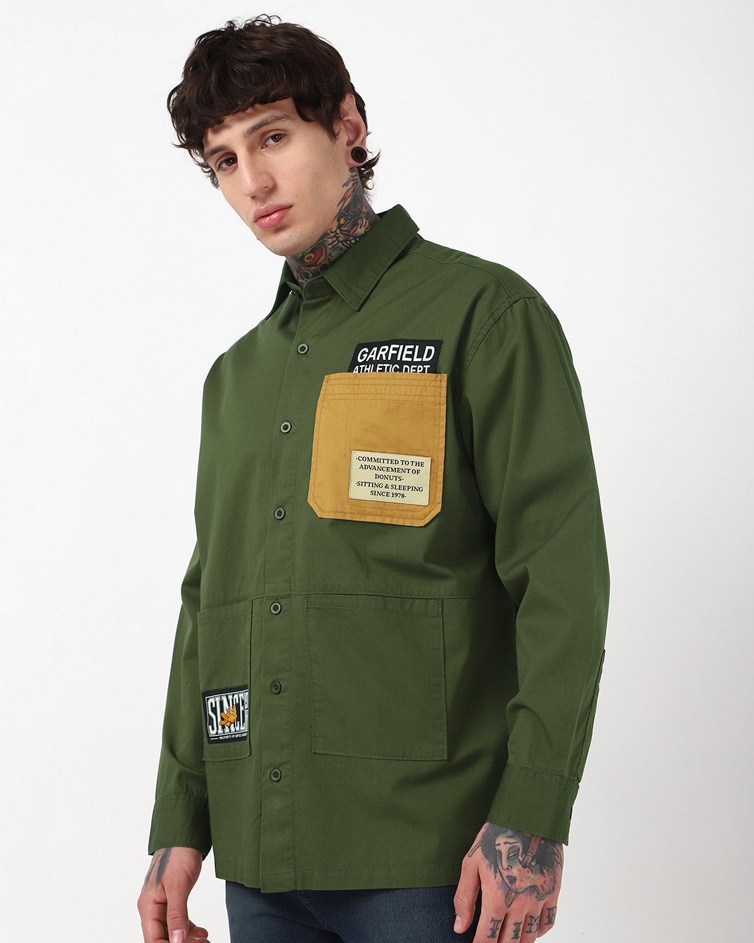 Shop Men's Moss Green Batch Printed Oversized Shirt-Back