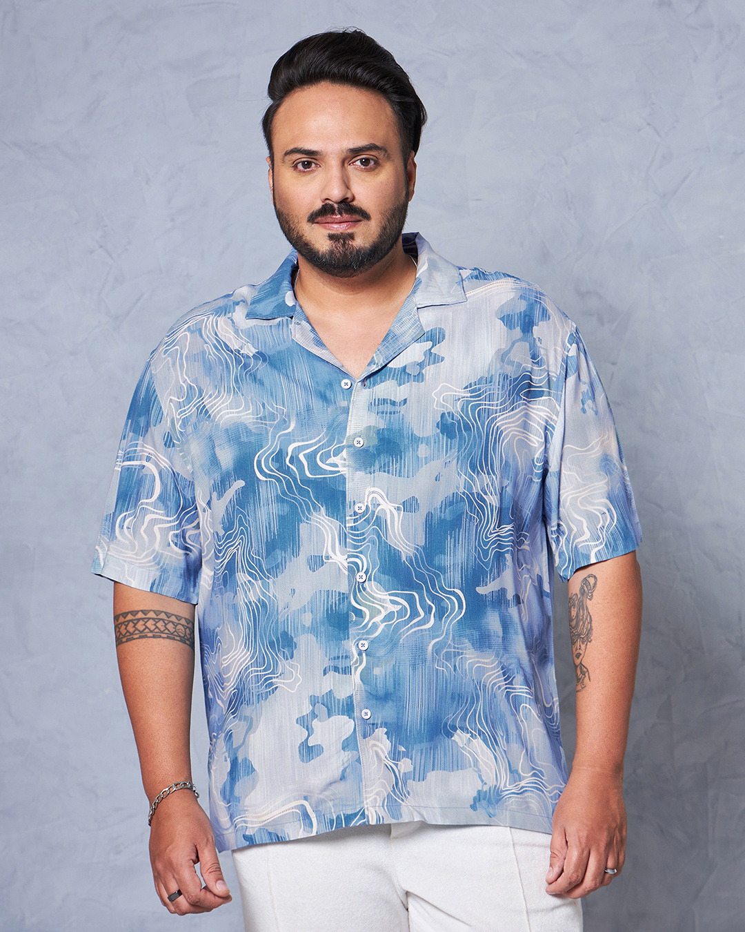 Shop Men's Blue & Grey All Over Printed Oversized Plus Size Shirt-Back