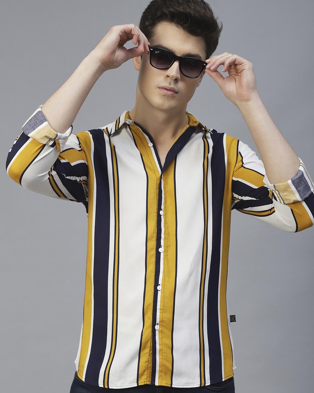 Shop Men's White & Yellow Striped Slim Fit Shirt-Back