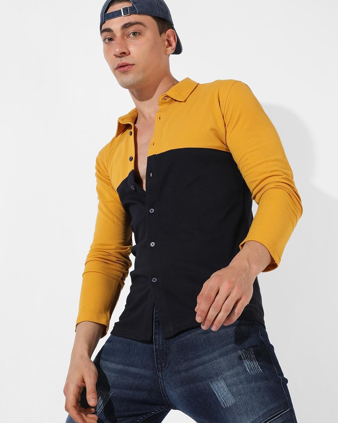 buy-men-s-mustard-yellow-color-block-shirt-for-men-yellow-online-at