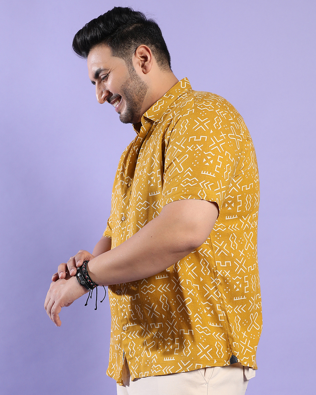 Shop Men's Mustard Yellow Minimal Aztec Printed Oversized Plus Size Shirt-Back