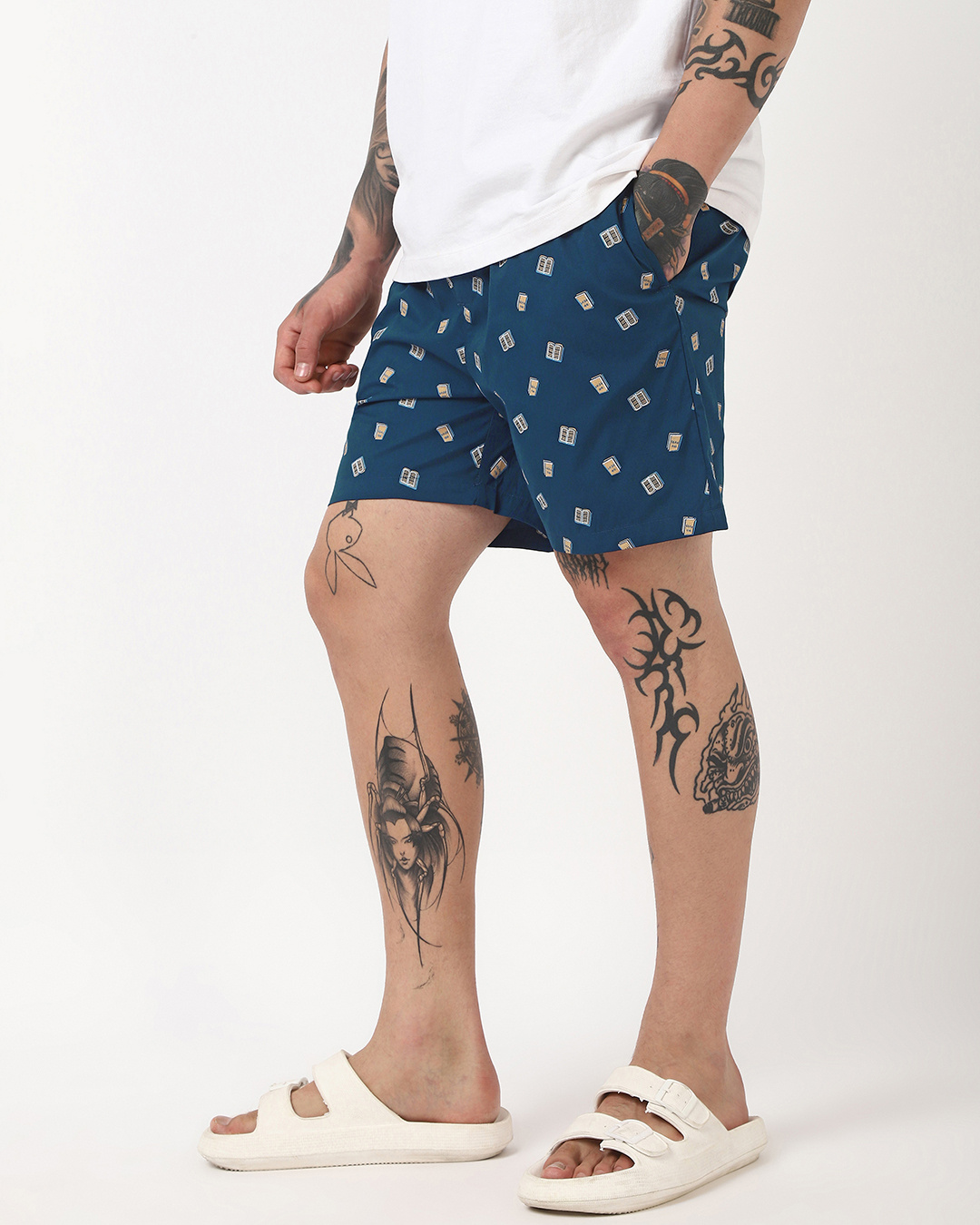 Shop Men's Navy Blue All Over Printed Boxers-Back