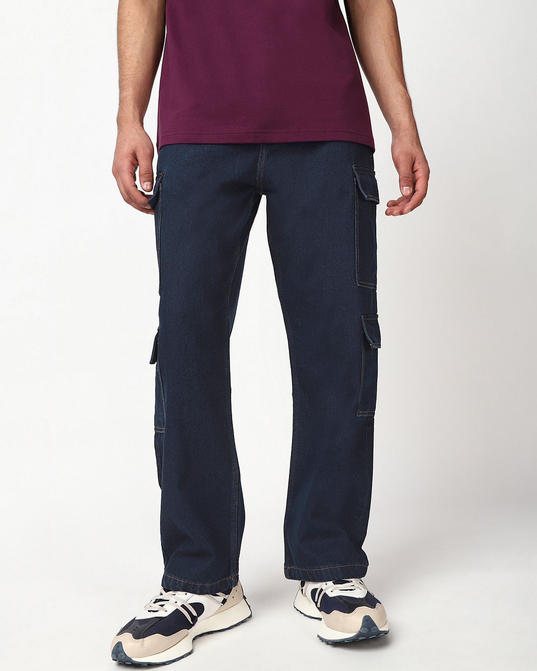 Shop Men's Navy Blue Baggy Fit Washed Cargo Mid-Rise Jeans-Back