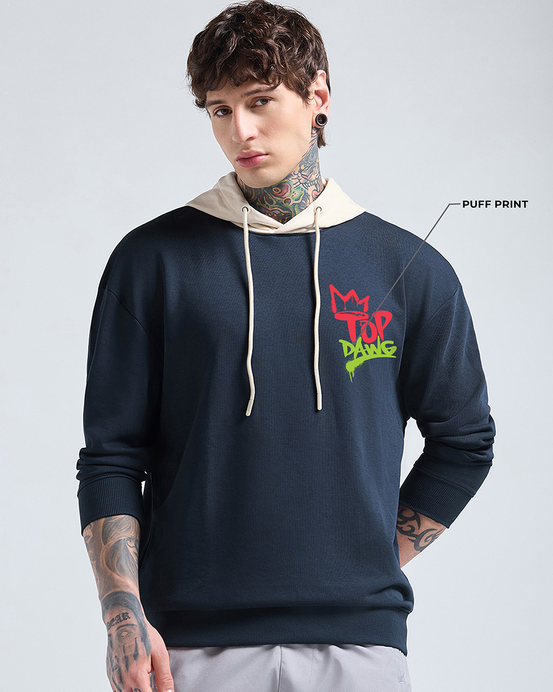Shop Men's Navy Blue & Beige Top Dawg Graphic Printed Oversized Hoodies-Back