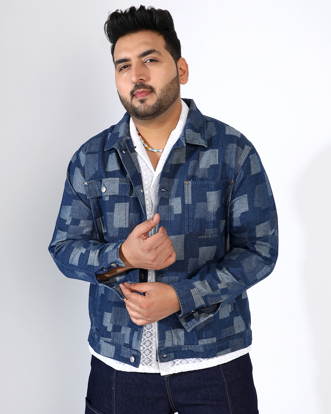 Shop Men's Navy Blue Blocks Printed  Oversized Plus Size Denim Jacket-Back