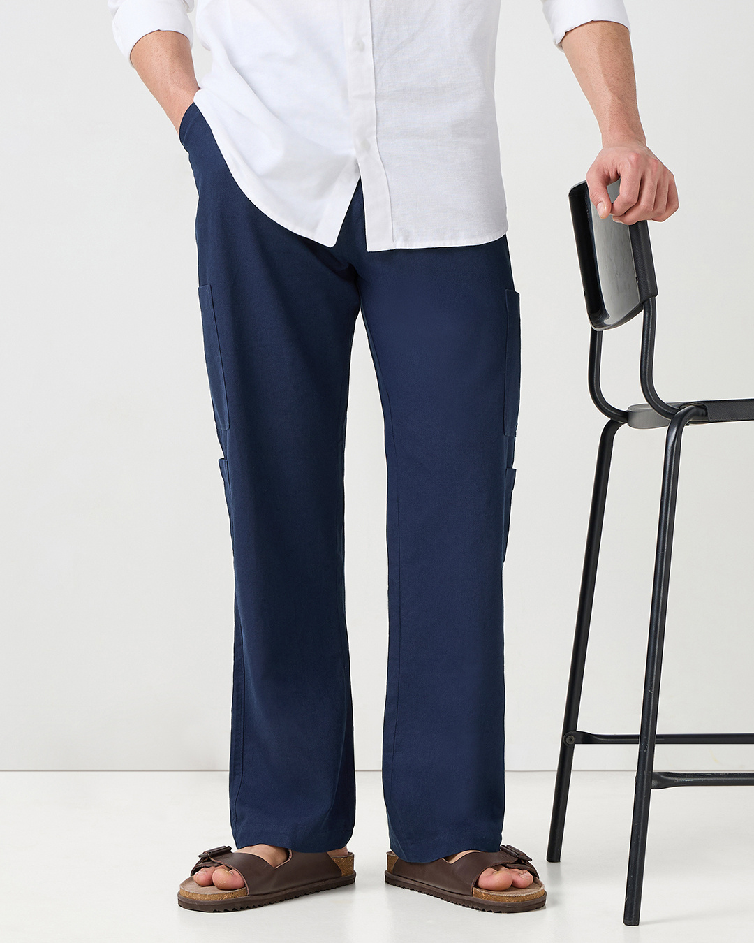 Shop Men's Navy Blue Cargo Cotton Linen Pants-Back