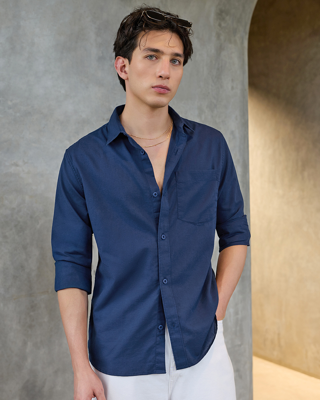 Shop Men's Navy Blue Cotton Linen Shirt-Back