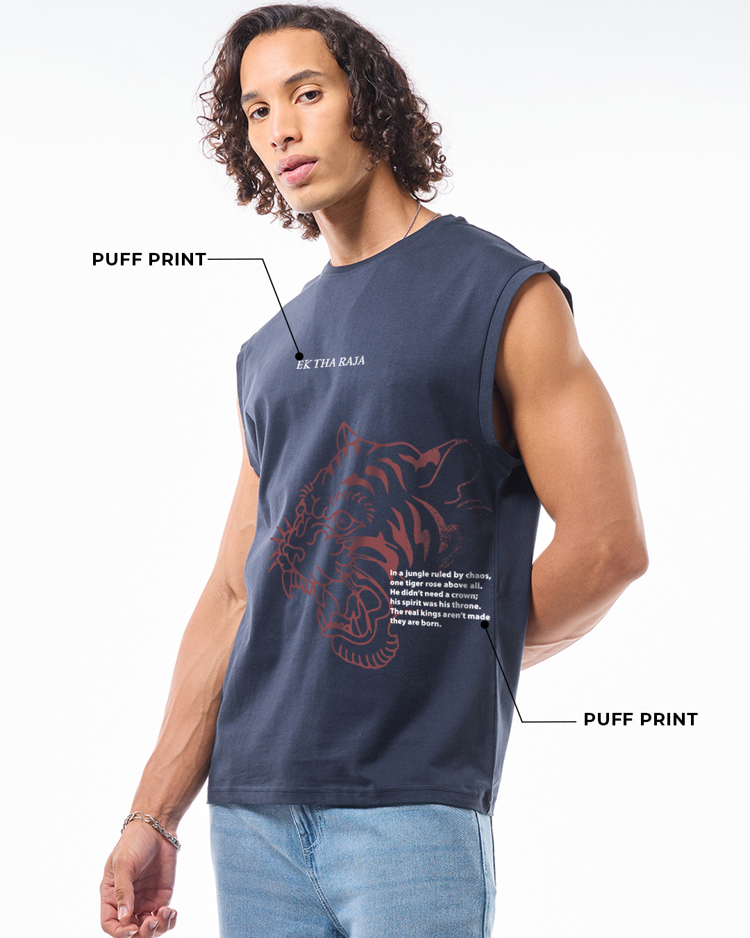 Shop Men's Navy Blue Ektha Raja Graphic Printed Boxy Fit Vest-Back