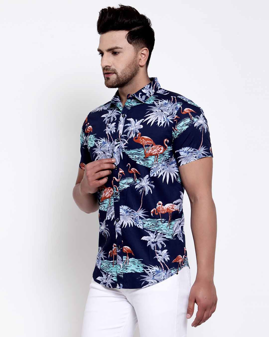 Shop Men's Navy Blue Floral Print Shirt-Back
