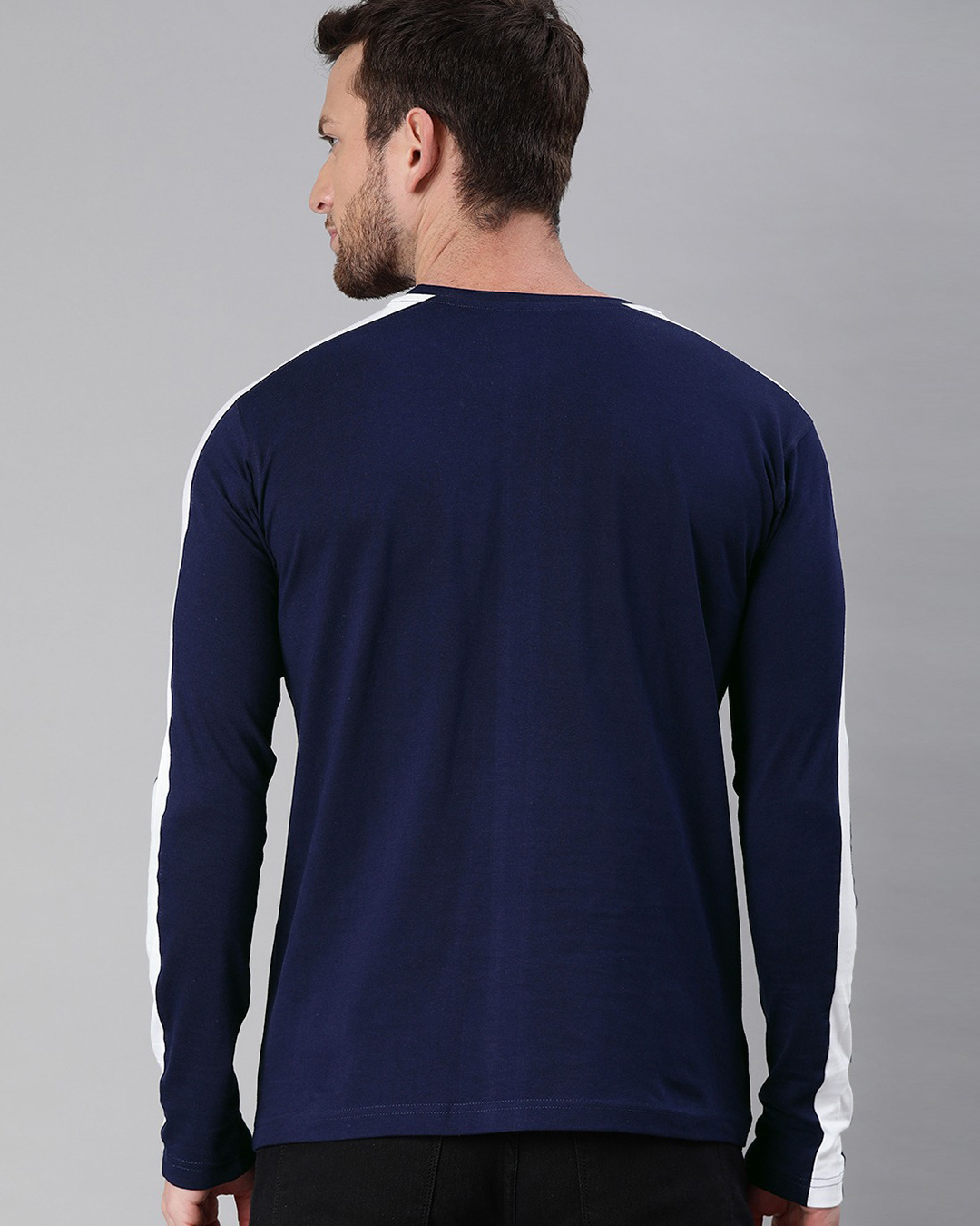 Shop Men's Navy Blue Full Sleeve T-shirt (White Stripe)-Back