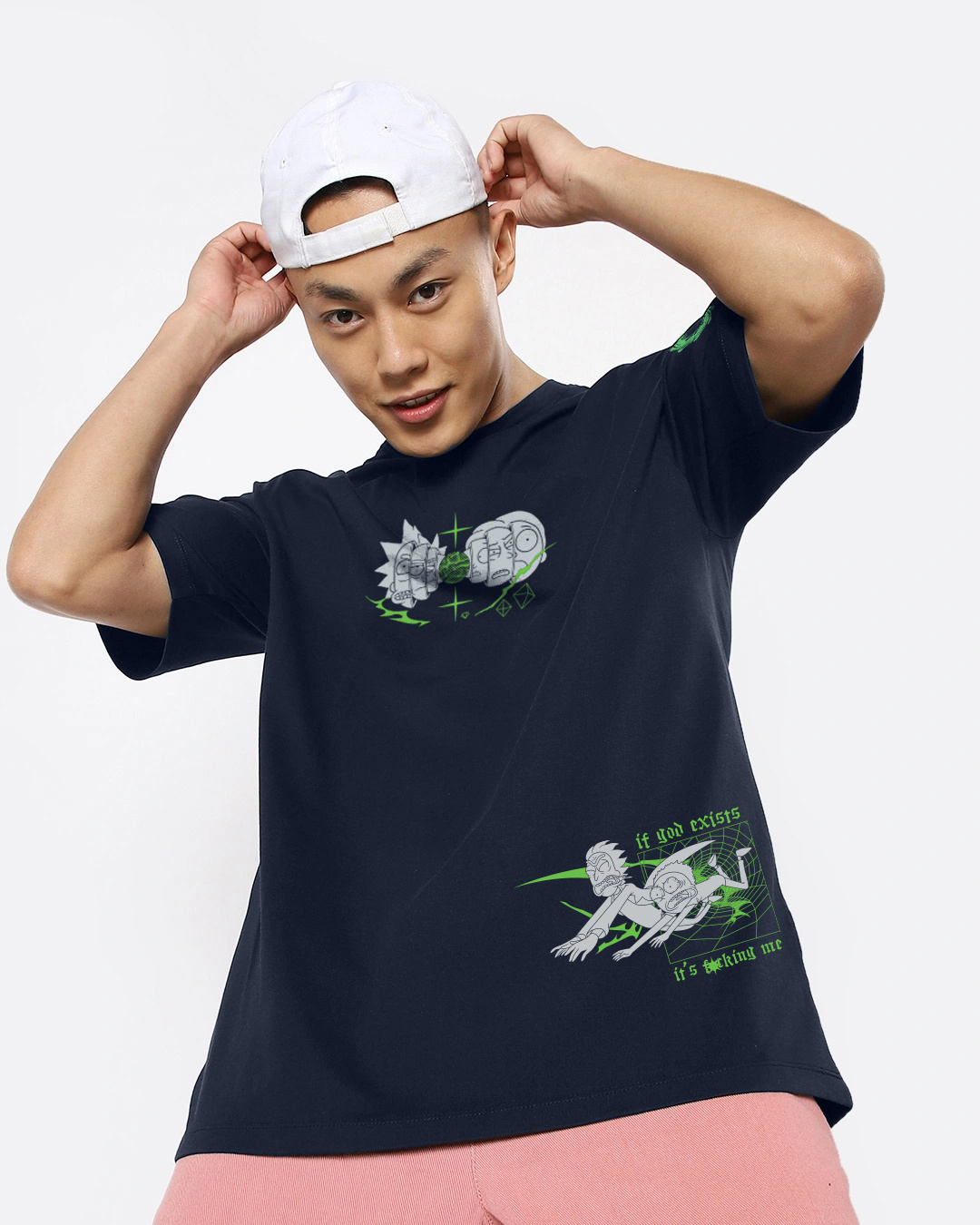 Shop Men's Navy Blue God Rick Graphic Printed Oversized T-shirt-Back
