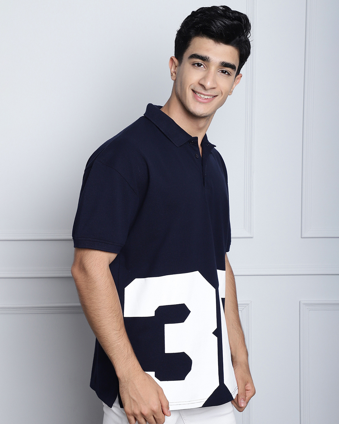 Shop Men's Navy Blue Graphic Printed Oversized Polo T-shirt-Back