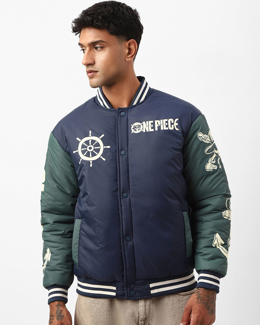 Shop Men's Navy Blue & Green One Piece Graphic Printed Oversized Puffer Jacket-Back