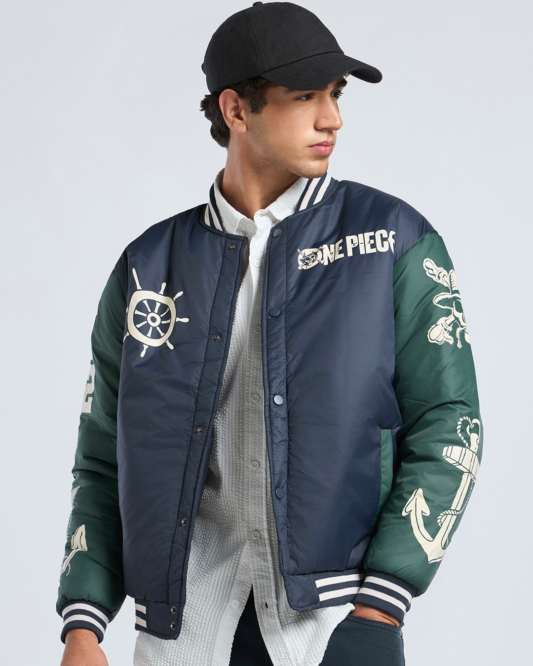 Shop Men's Navy Blue & Green One Piece Graphic Printed Oversized Puffer Jacket-Back