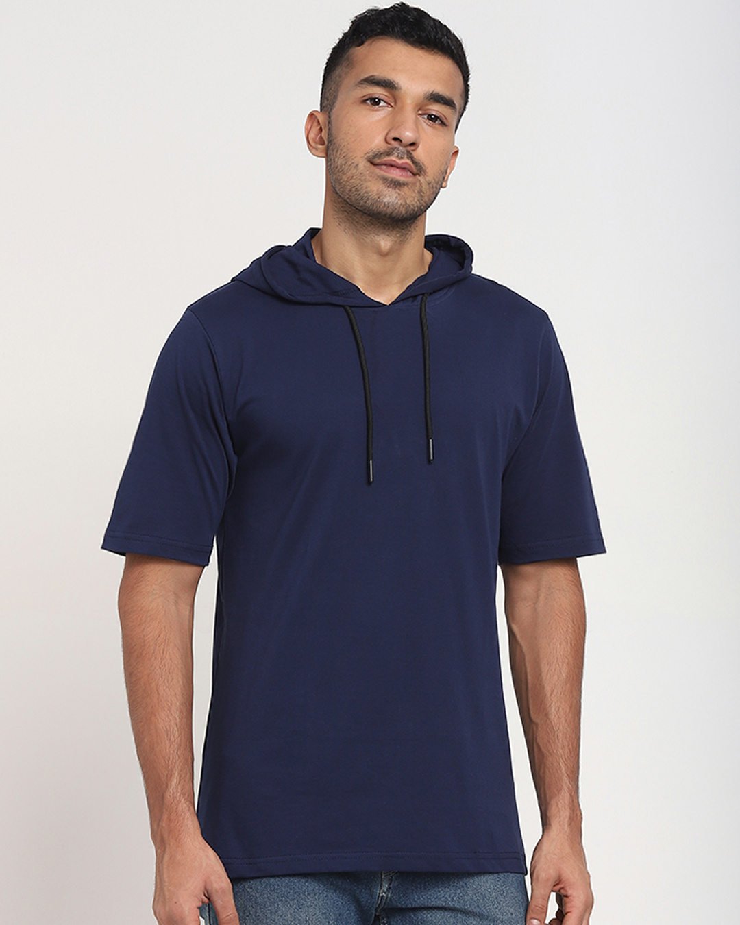 Navy Blue Half Sleeve Hoodie T-shirt 