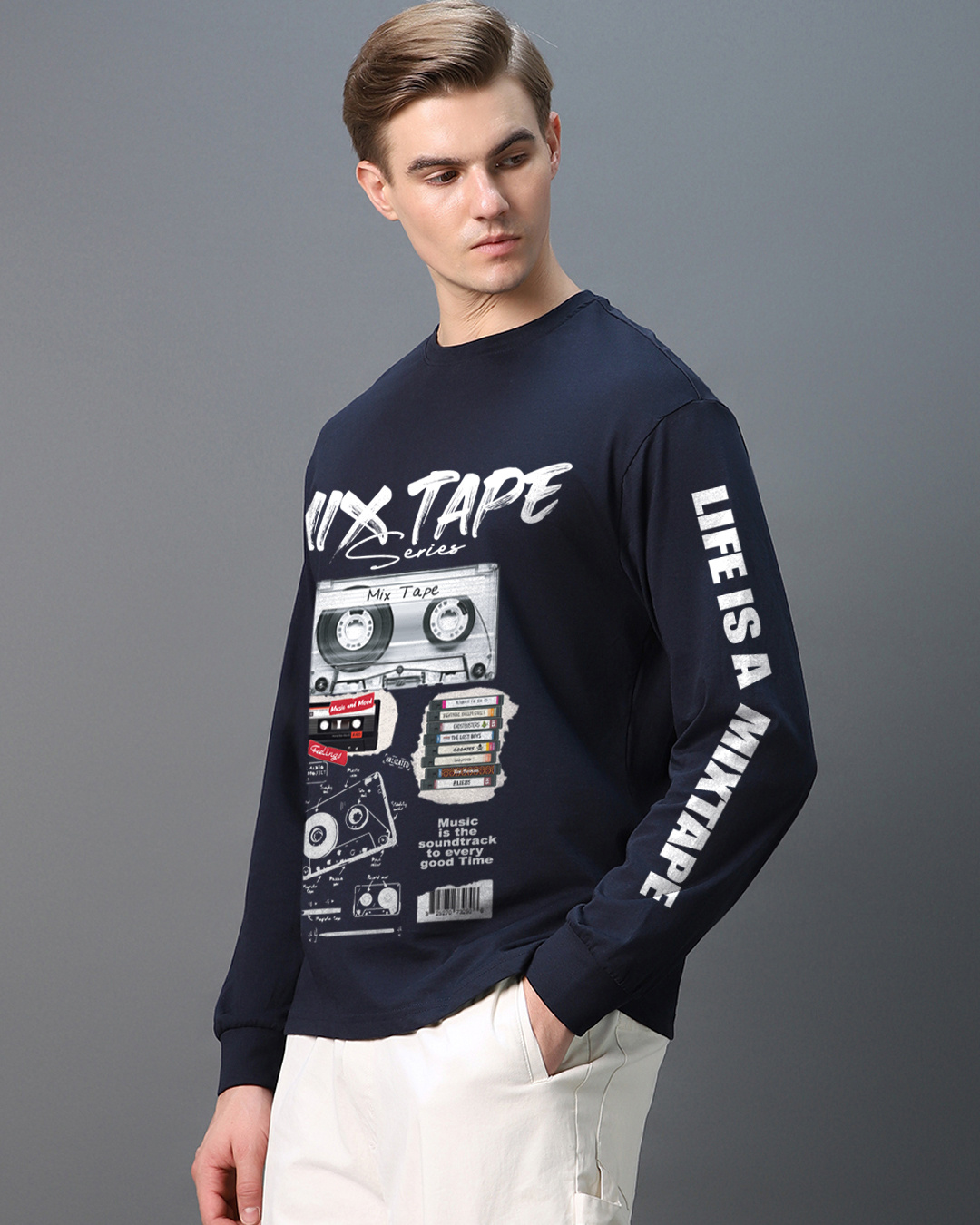 Shop Men's Navy Blue Mixtape Graphic Printed Oversized T-shirt-Back