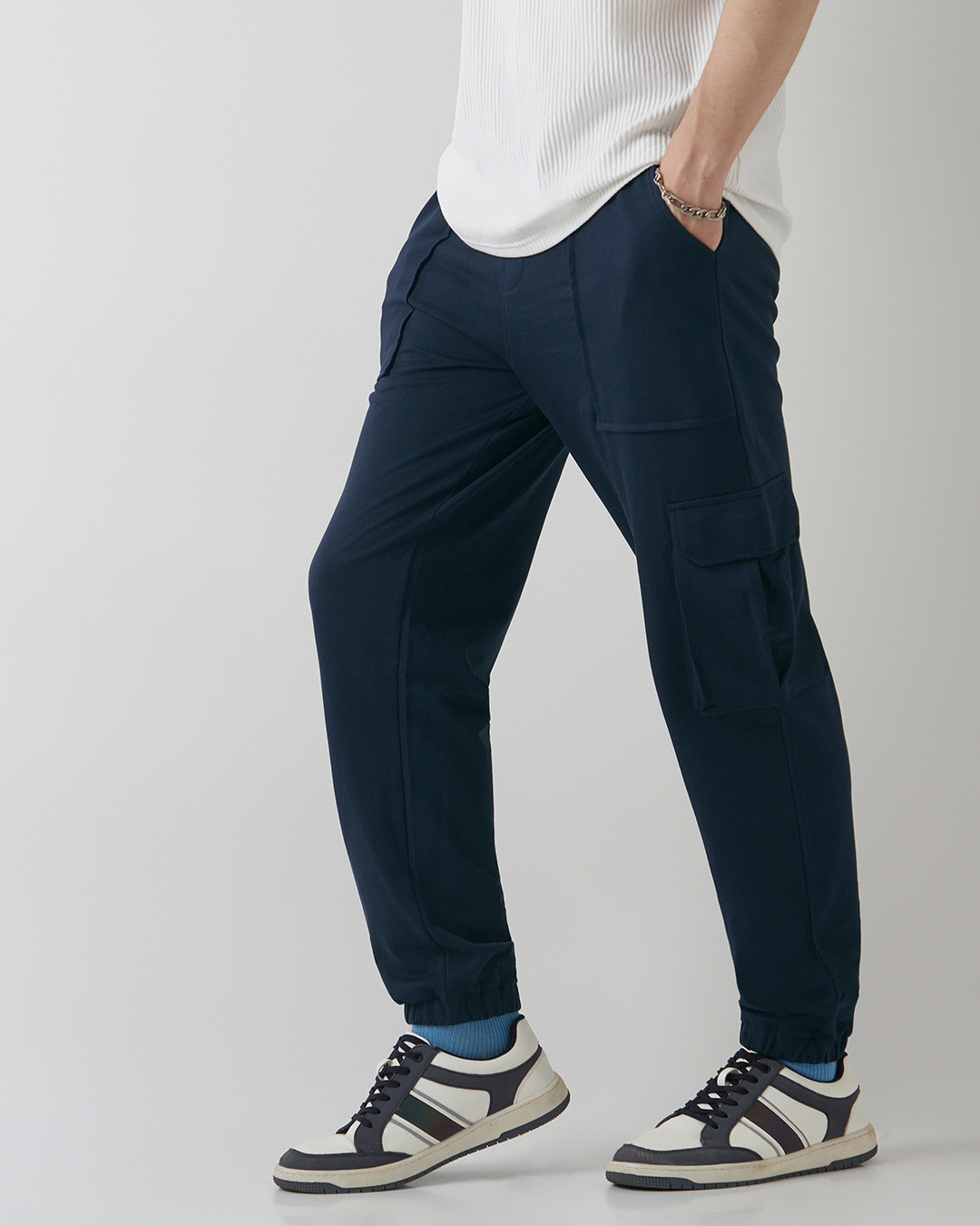 Shop Men's Navy Blue Oversized Cargo Joggers-Back