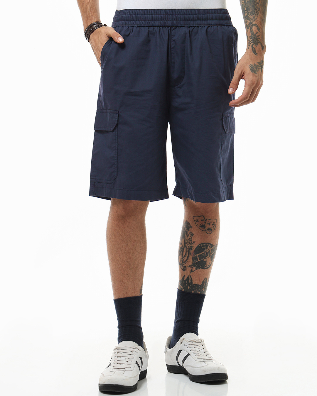 Shop Men's Navy Blue Oversized Cargo Shorts-Back