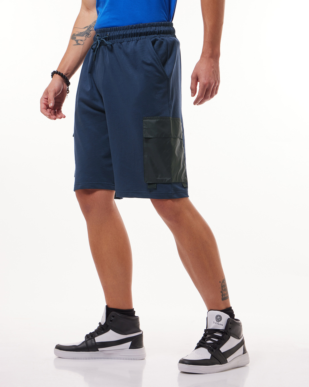 Shop Men's Navy Blue Color Block Oversized Cargo Shorts-Back