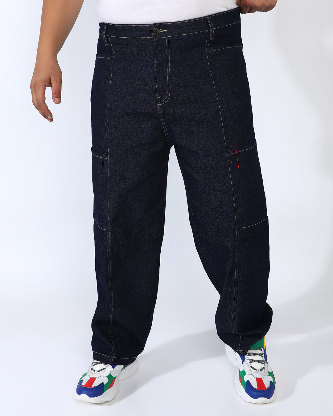 Shop Men's Navy Blue Oversized Plus Size Cargo Jeans-Back