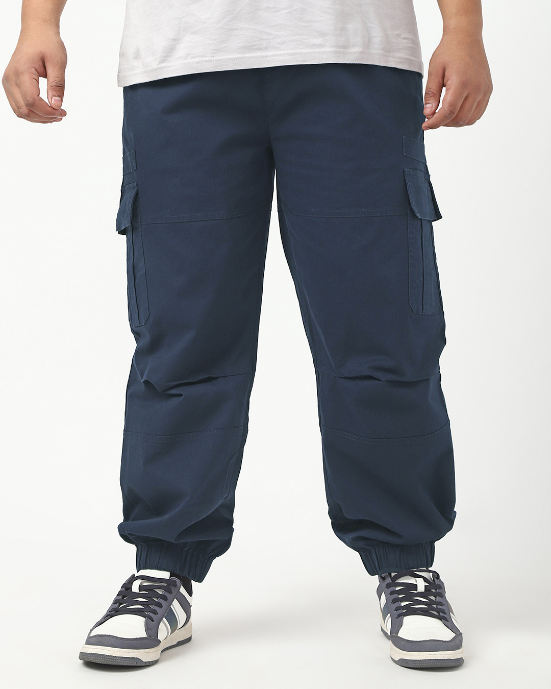 Shop Men's Navy Blue Oversized Plus Size Cargo Jogger Pants-Back