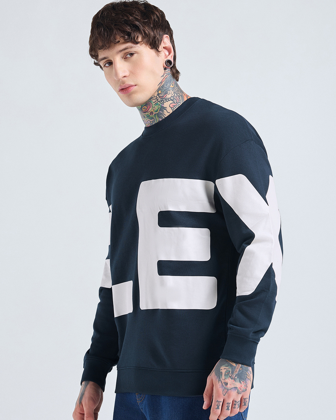 Shop Men's Navy Blue Typography Oversized Sweatshirt-Back