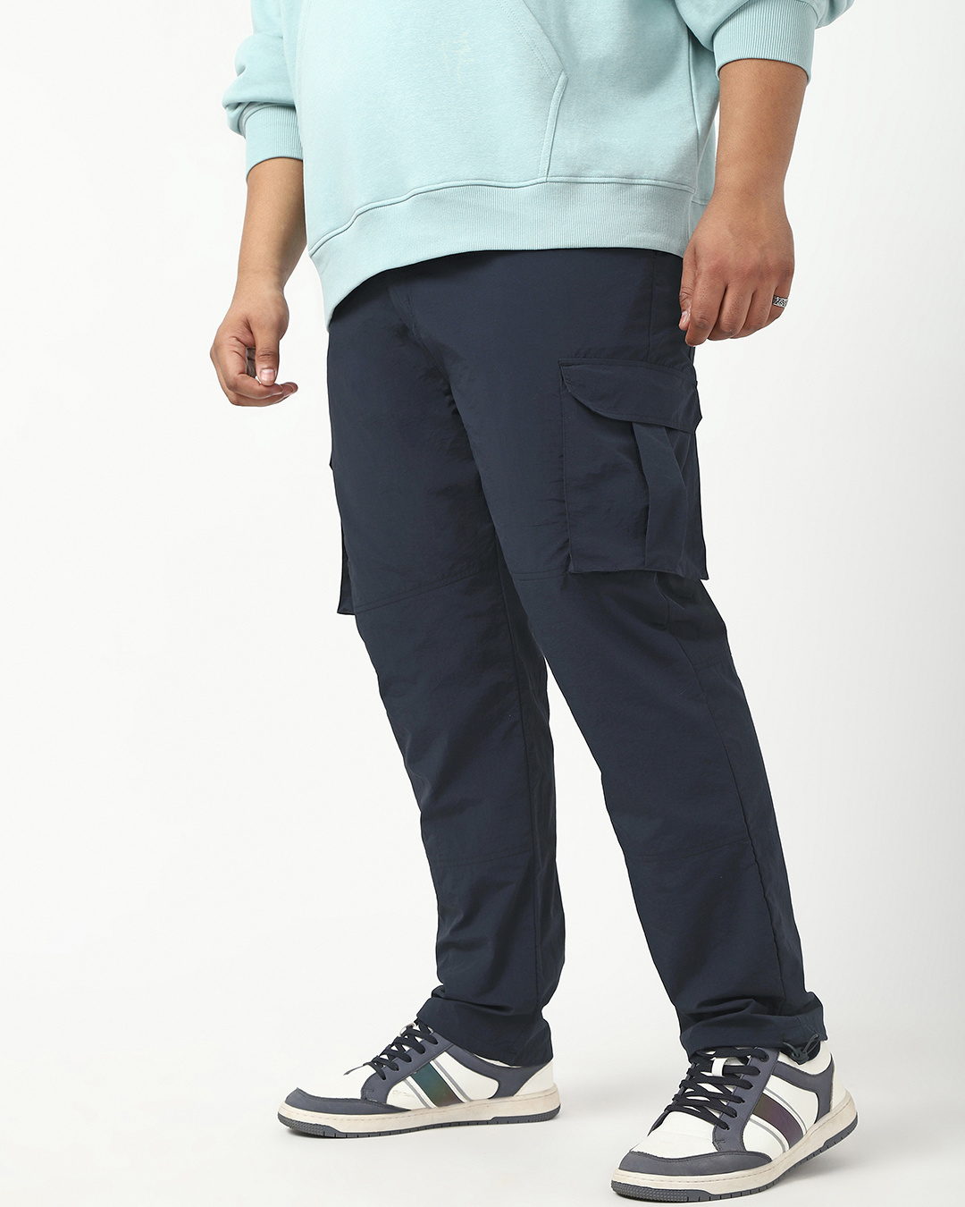 Shop Men's Navy Blue Plus Size Nylon Cargo Parachute Pants-Back