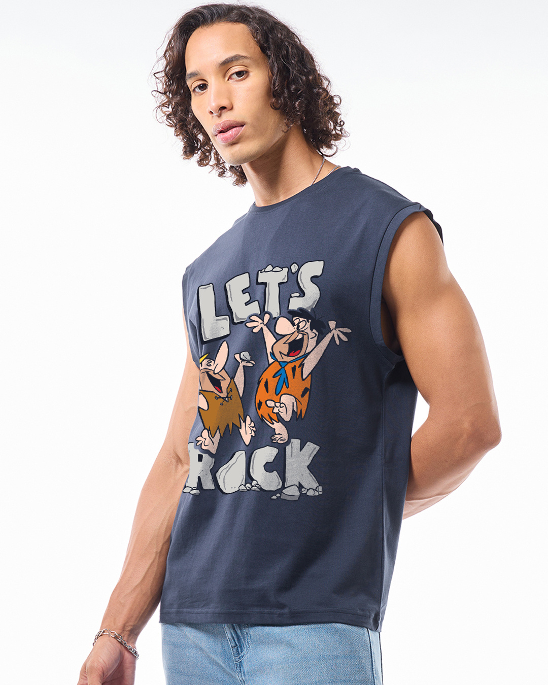 Shop Men's Navy Blue Rock N Roll Graphic Printed Boxy Fit Vest-Back