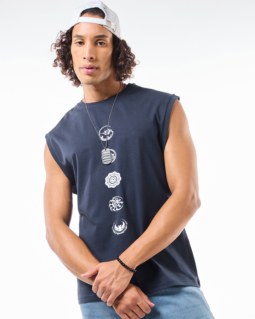 Shop Men's Navy Blue Seek Balance Graphic Printed Boxy Fit Vest-Back