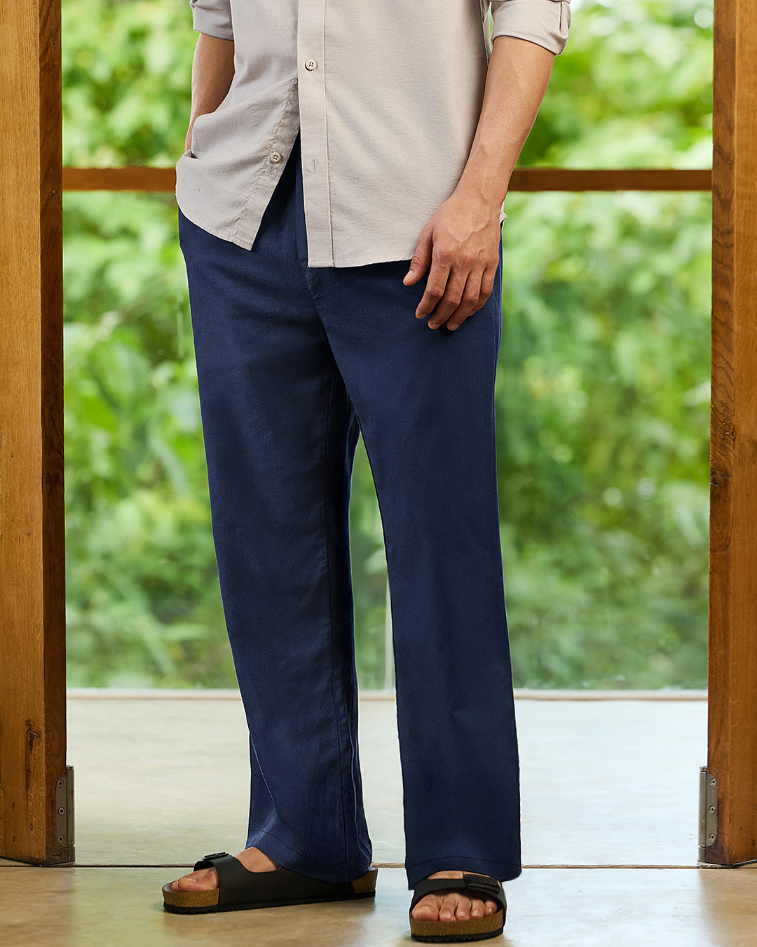 Shop Men's Navy Blue Straight Fit Cotton Linen Pants-Back