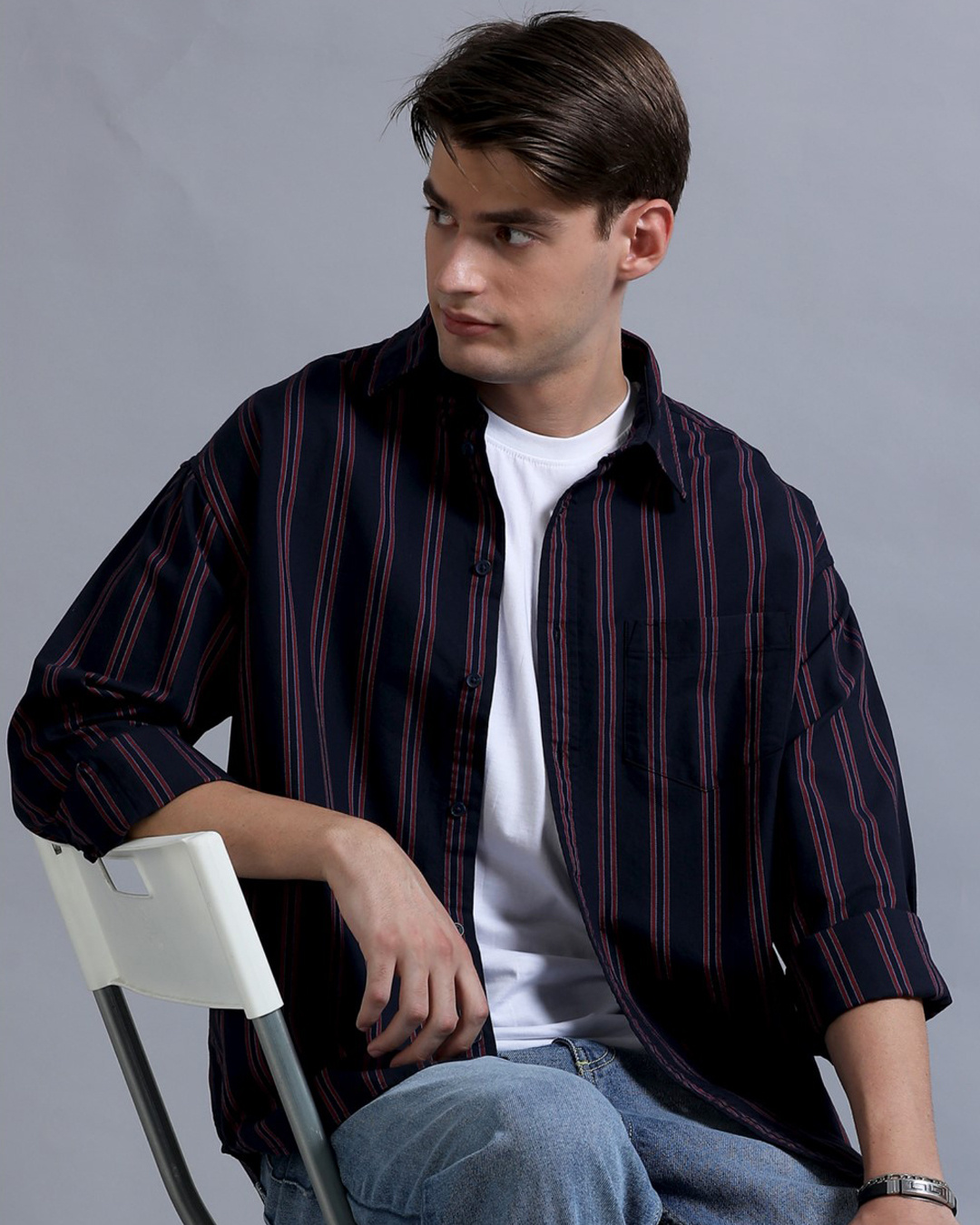 Buy Men's Navy Blue Striped Oversized Shirt Online at Bewakoof