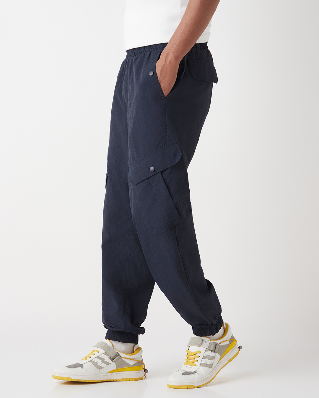 Shop Men's Navy Blue Super Loose Fit Nylon Cargo Jogger Pants-Back