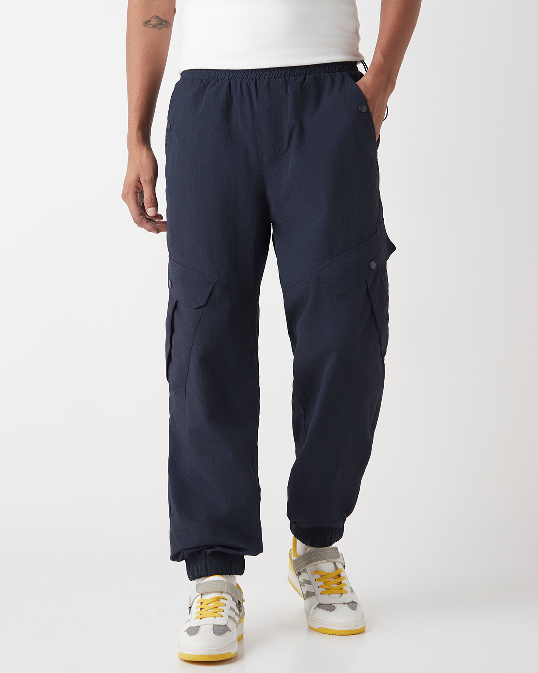Shop Men's Navy Blue Super Loose Fit Nylon Cargo Jogger Pants-Back