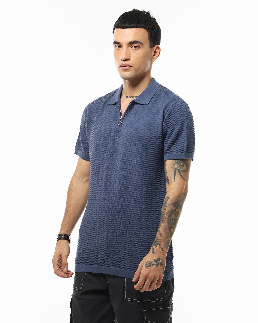 Shop Men's Navy Blue Textured Flatknit Polo T-shirt-Back