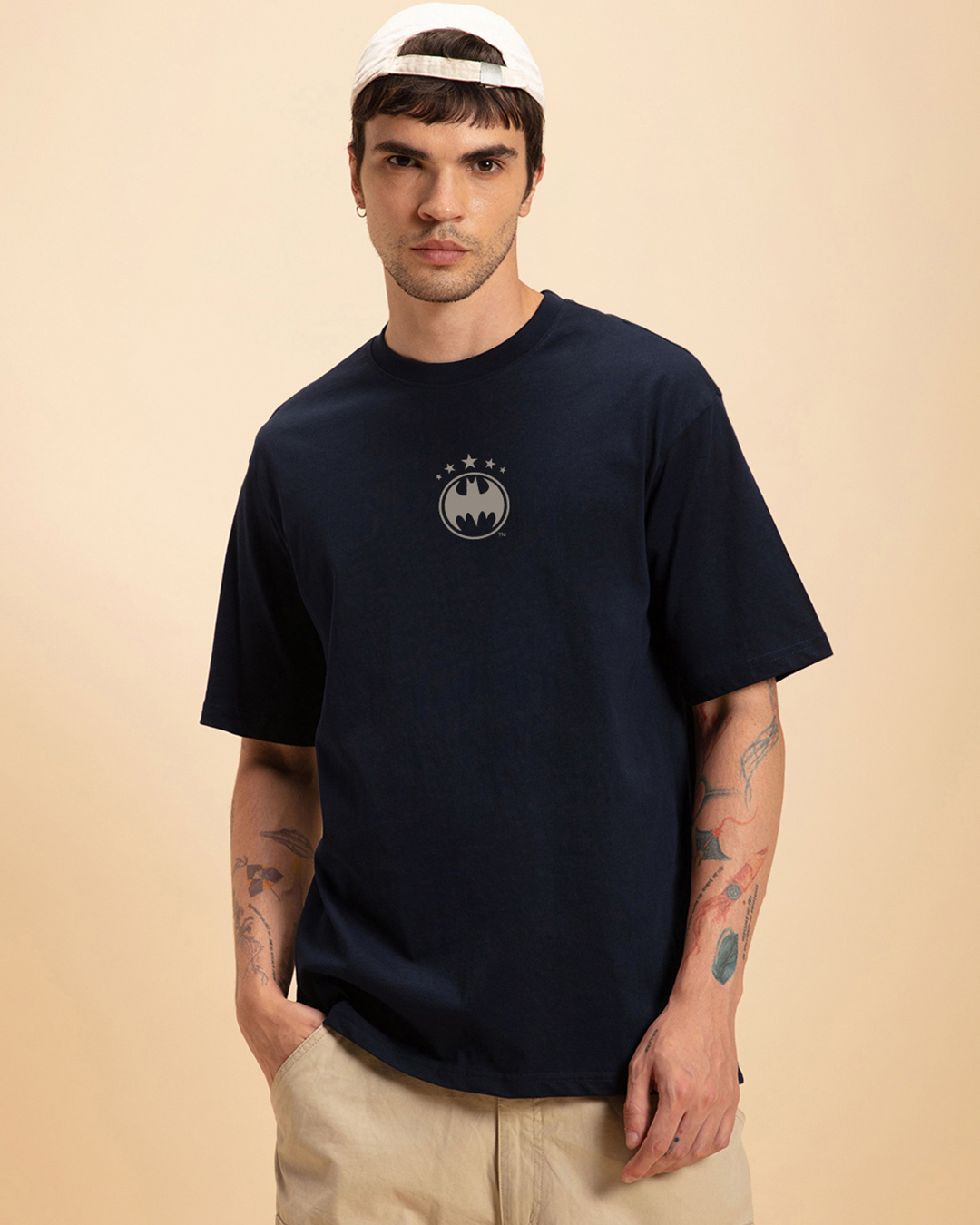 Shop Men's Navy Blue The Dark Knight Graphic Printed Oversized T-shirt-Back