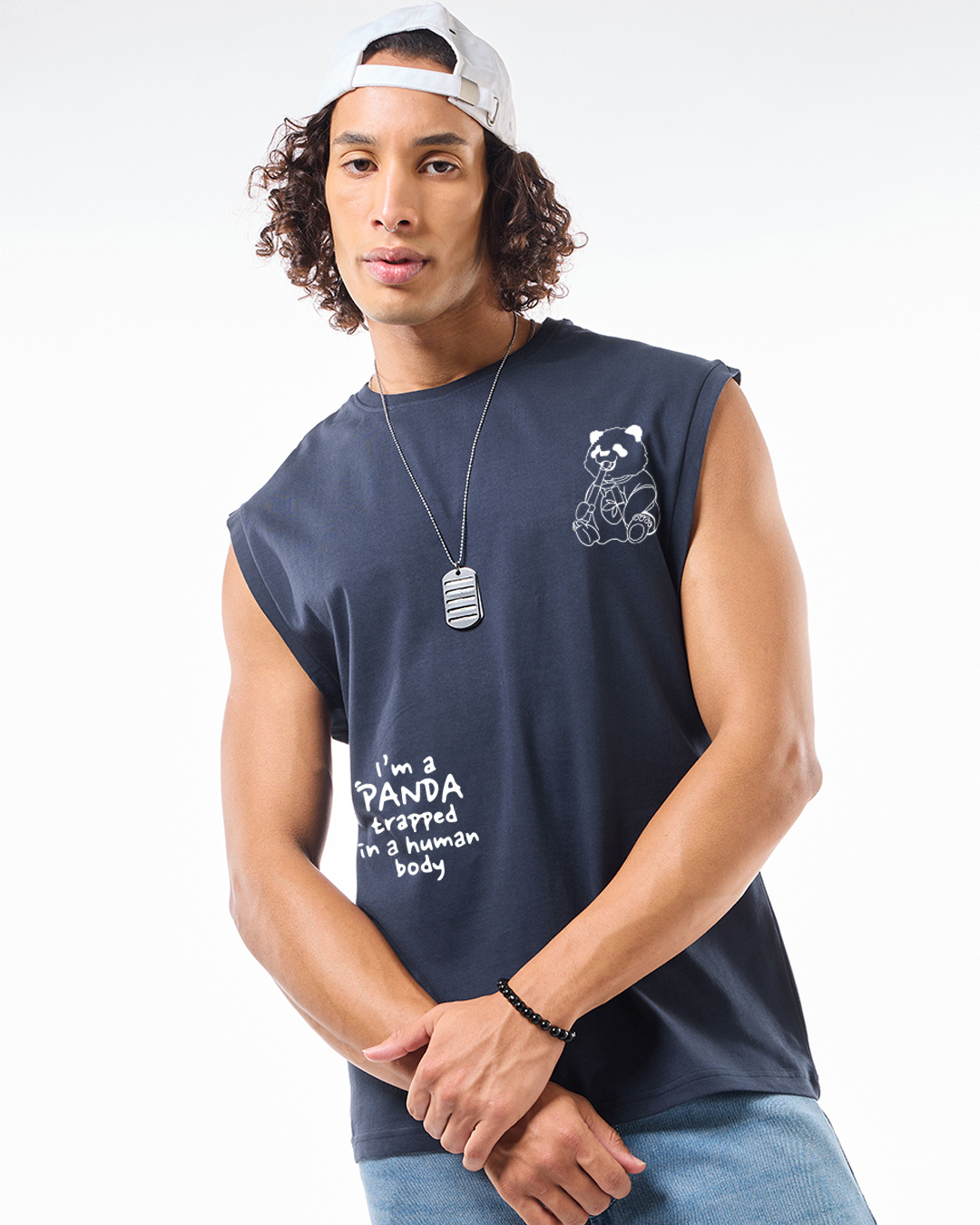 Shop Men's Navy Blue The Panda Way Graphic Printed Boxy Fit Vest-Back