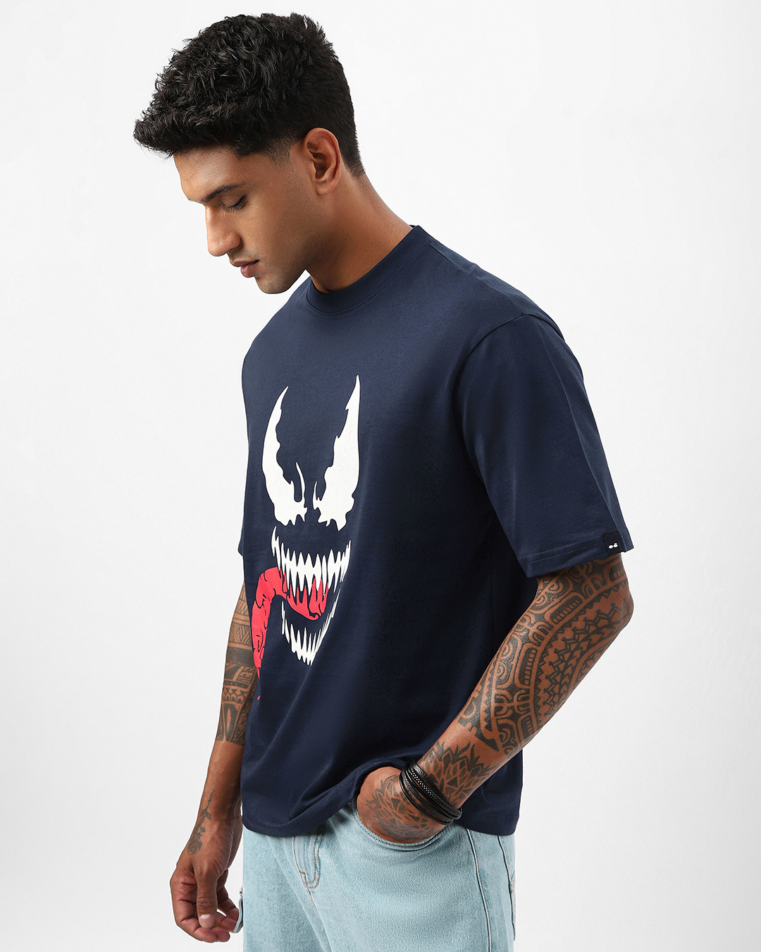 Shop Men's Navy Blue Venom Graphic Printed Oversized T-shirt-Back