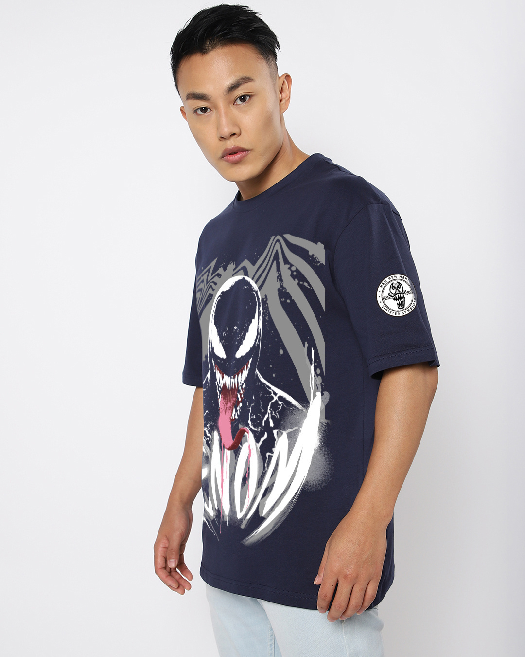 Shop Men's Navy Blue Venom Graphic Printed Oversized T-shirt-Back