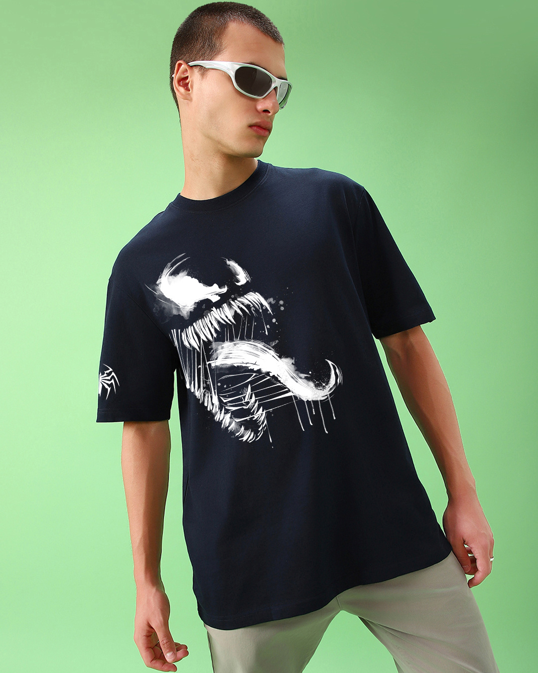 Shop Men's Navy Blue Venom Graphic Printed Oversized T-shirt-Back