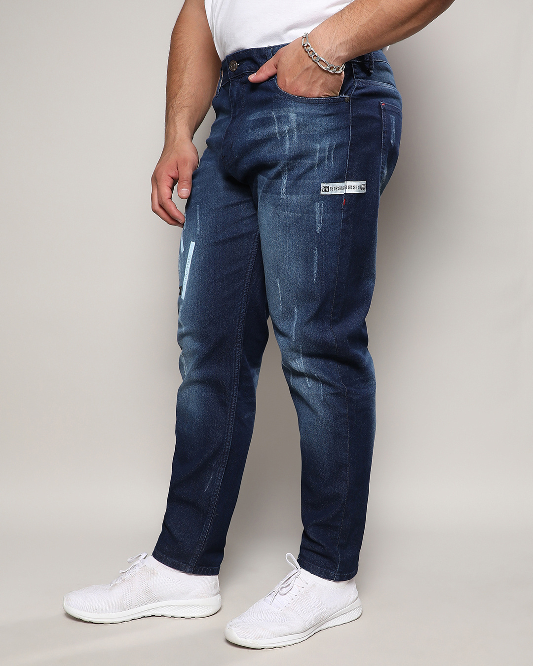 Shop Men's Navy Blue Washed Distressed Plus Size Jeans-Back
