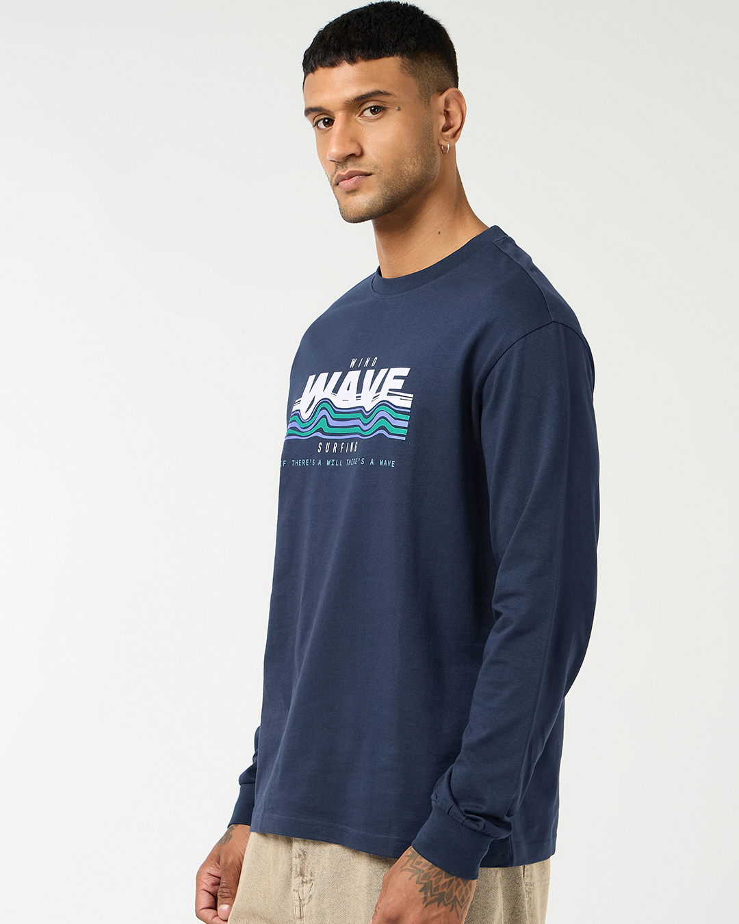 Shop Men's Navy Blue Wind Wave Typography Oversized T-shirt-Back
