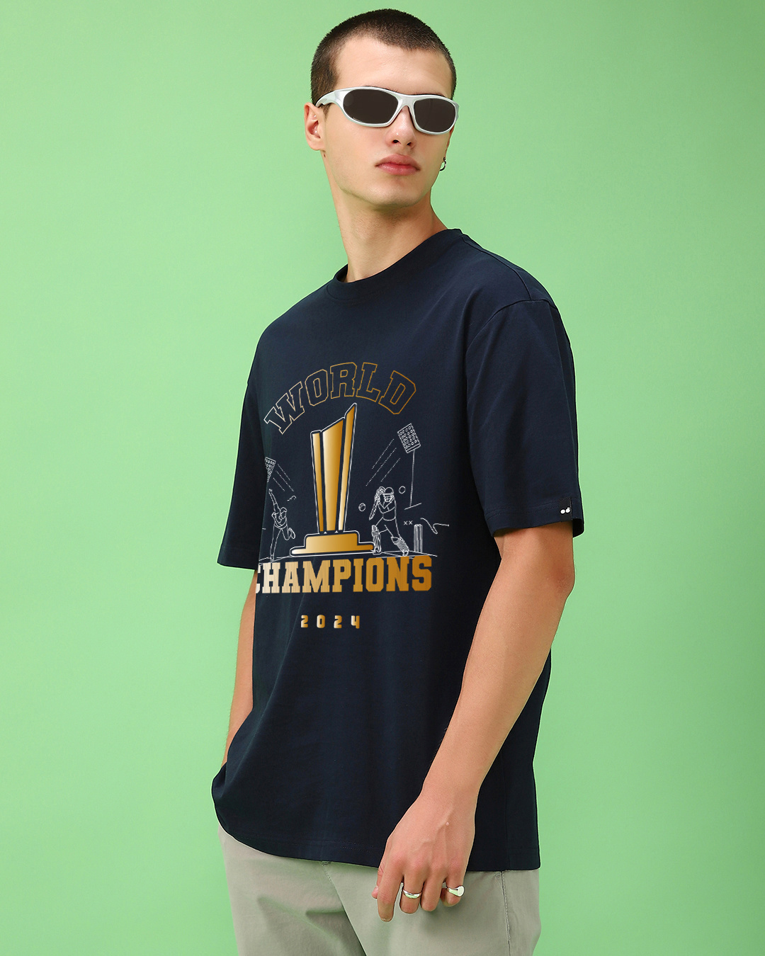 Shop Men's Navy Blue World Champion Graphic Printed Oversized T-shirt-Back